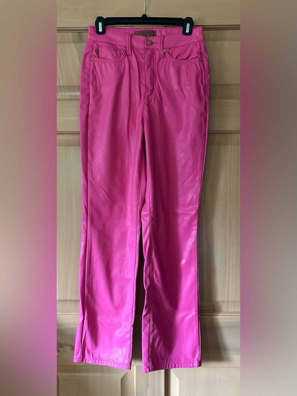 Judy Blue Womens 3/26 Pink Faux Leather High-Waist Straight Leg Pants Barbiecore